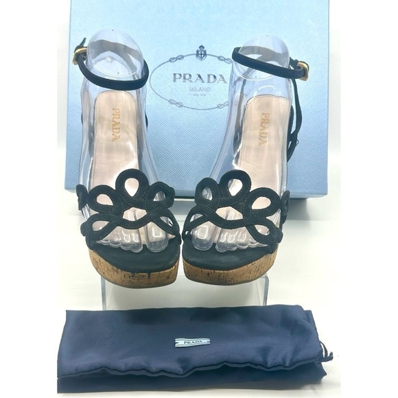 Prada Ankle Strap Wedge Platform Espadrille Sandals Cut Flower Detail Suede - Picture 2 of 15